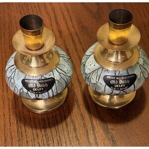 Rare Old Dutch Delft Candle Holders 1950's Green & Turquoise Ceramic and Brass